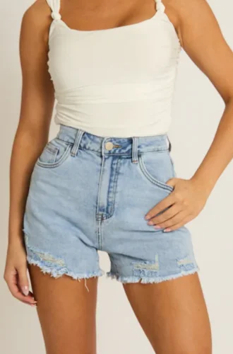 Blue Distressed Hem Denim Shorts