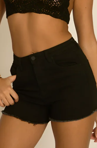 Black Stretch Denim Frayed Hem Shorts